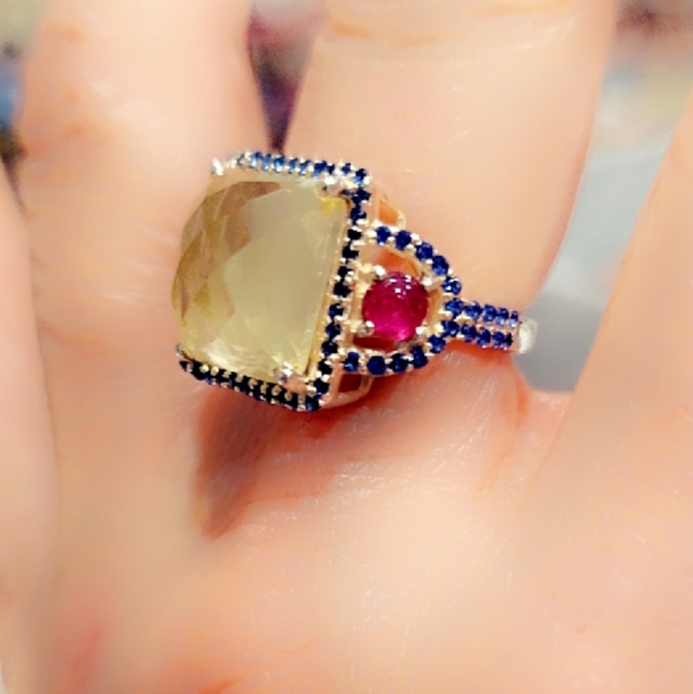 Faceted Citrine, Garnet & Ruby Gemstone Sterling … - image 1